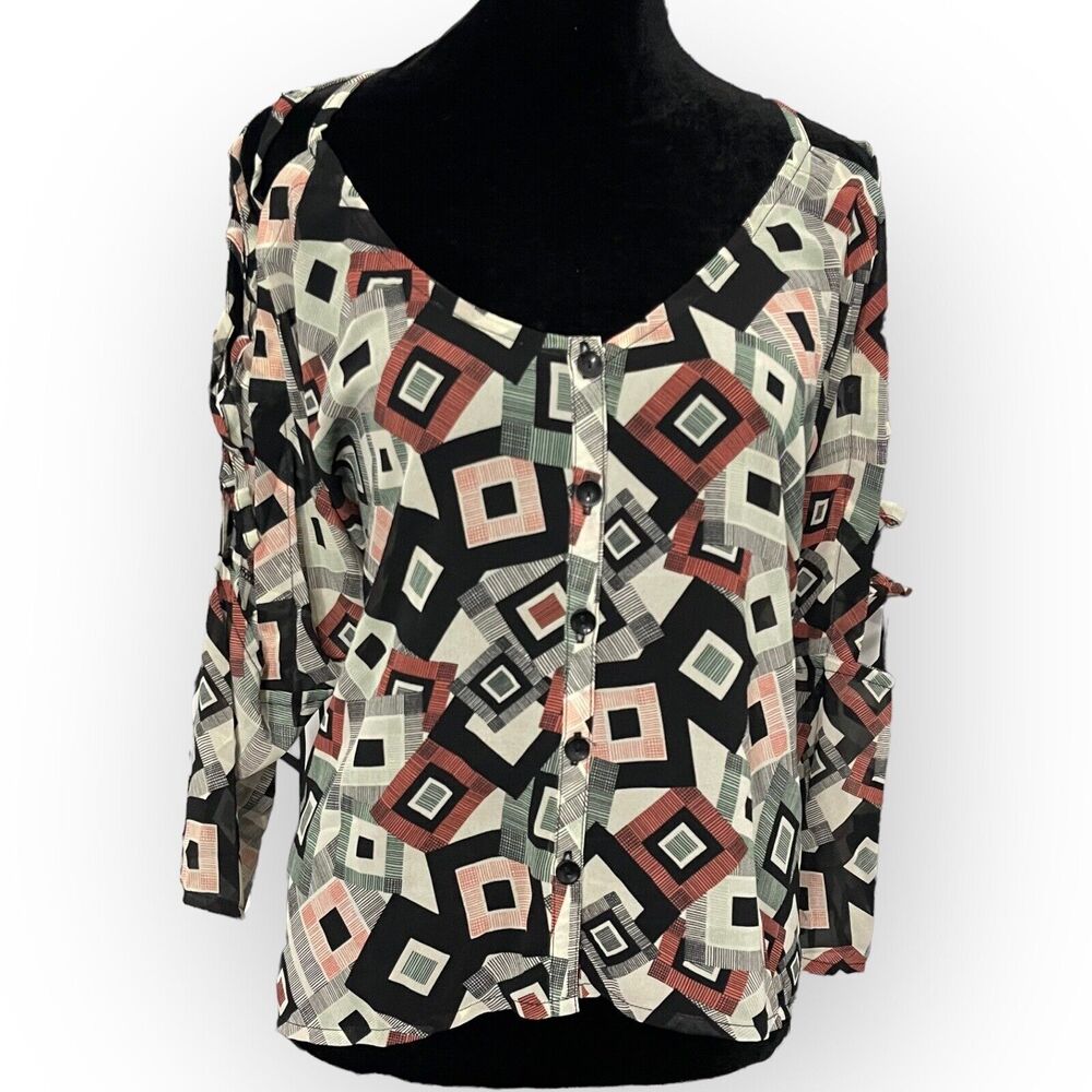 Katia Button Up Blouse Women's Small Multicolor Geometric Cutout Sleeves Y2K NEW